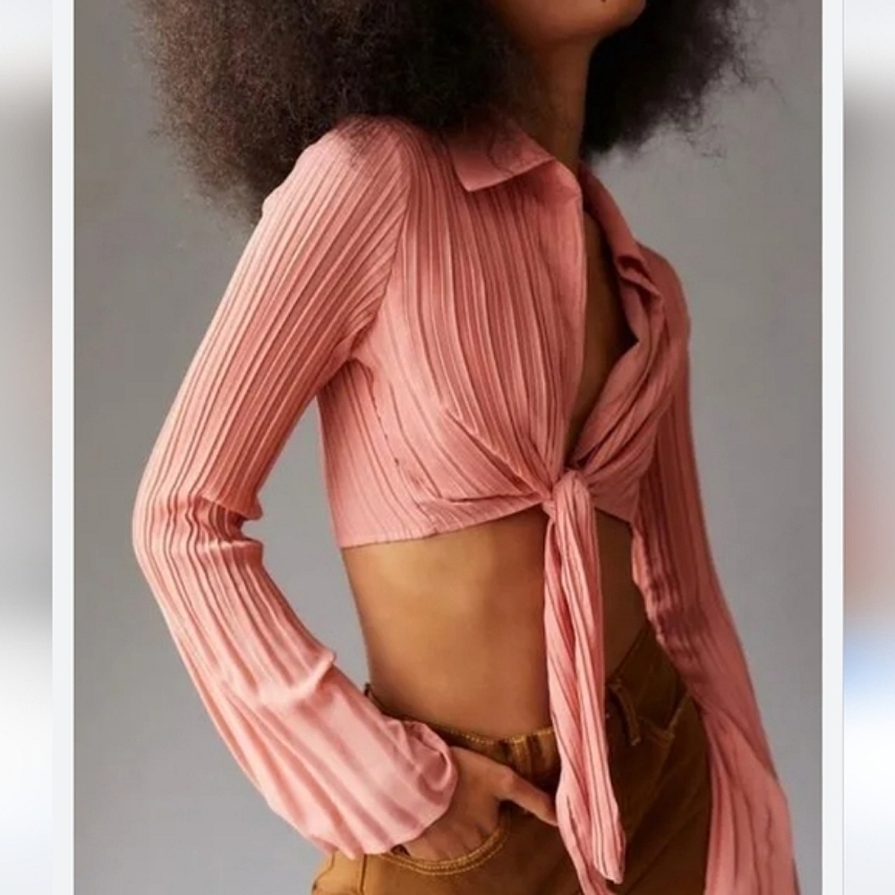 Urban Outfitters Rachel Plisse Tie Front Crop Top Coral Large NWT